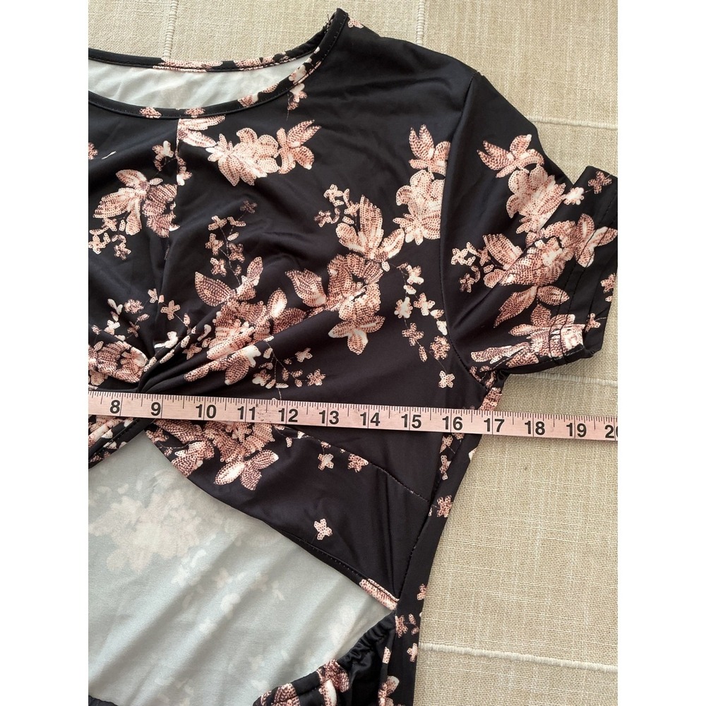 SHEIN SXY Midi Dress XL Black Pink Floral Cutout Ruched Side Slit Twist Front - Picture 6 of 10